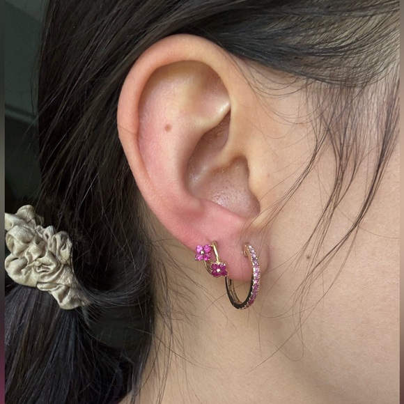 Stone & Strand 10k Gold Ruby Double Flower Huggies Floral Earrings - Picture 5 of 5